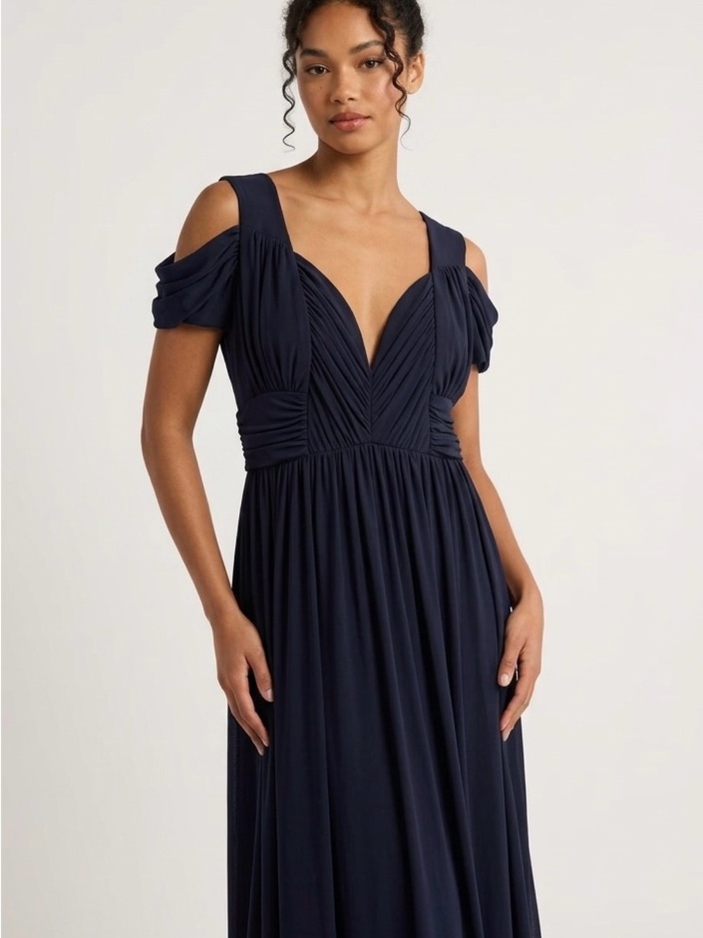 ASOS Navy cold-Shoulder Pleated V-Neck Midi Dress